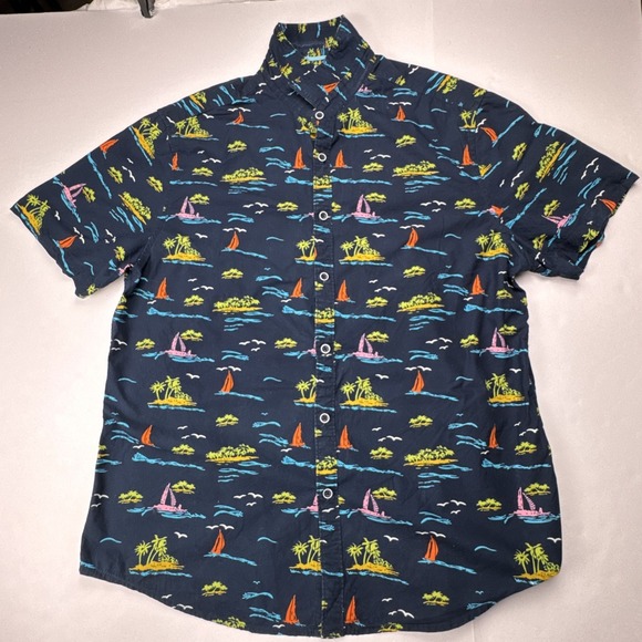 Denim & Flower Other - Denim‎ & Flower Shirt Tropical Island Sailboat Print Slim Fit Size XL Navy Blue